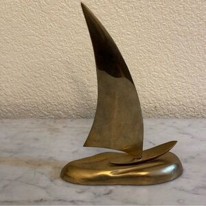Vintage MCM Brass Sailboat Nautical Sculpture 8” H Boat Heavy